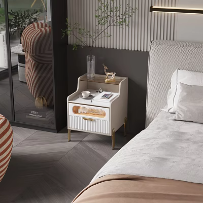 Modern Bedside Table With White Surface Gold Legs And Decor Items In Bedroom 3d model