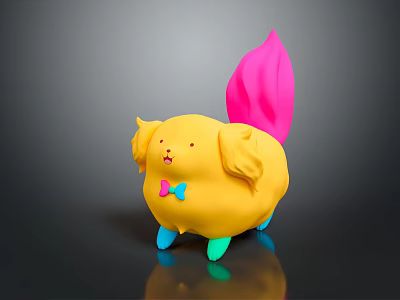 Cute Yellow Puppy Shaped Game Character With Pink Tail Blue Bow Tie And Colorful Paws 3d model