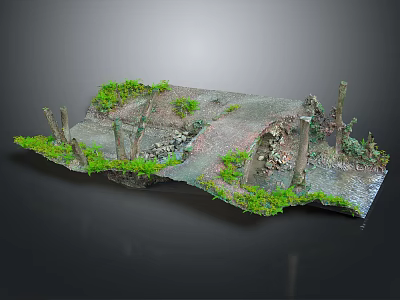 Ruined Landscape Scene With Stone Walls Green Foliage And Dry Tree Trunks 3d model