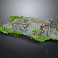 Ruined Landscape Scene With Stone Walls Green Foliage And Dry Tree Trunks