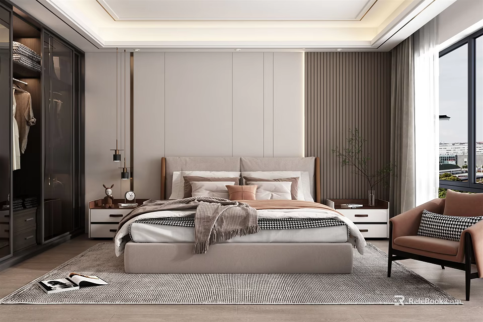 Modern Bedroom Interior With King Bed Nightstands Wardrobe And Accent Chair 3d model 