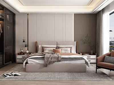 Modern Bedroom Interior With King Bed Nightstands Wardrobe And Accent Chair 3d model