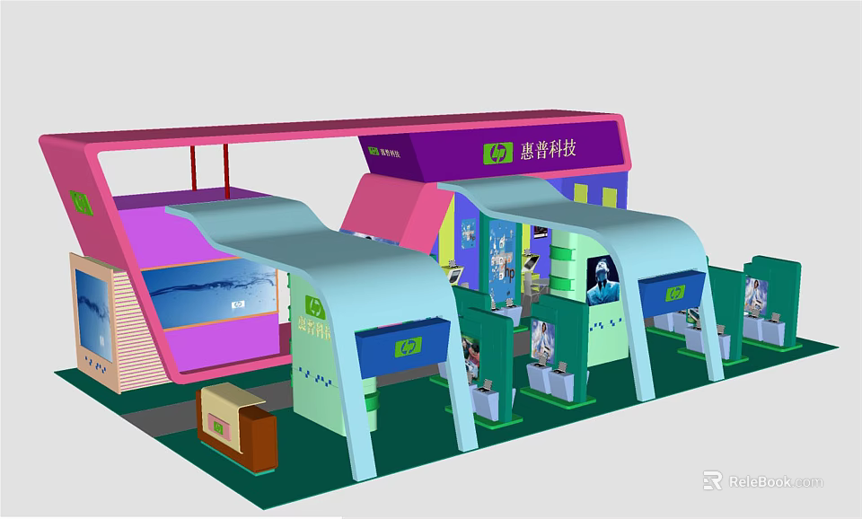 Colorful Tech Exhibition Booth Design With Modern Display Areas And Interactive Elements 3d model 