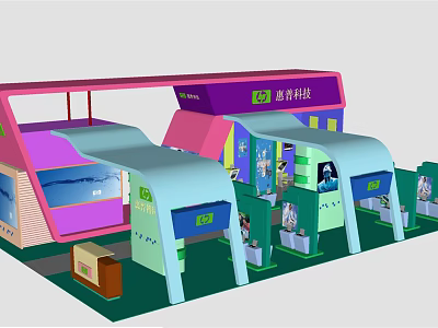 Colorful Tech Exhibition Booth Design With Modern Display Areas And Interactive Elements 3d model