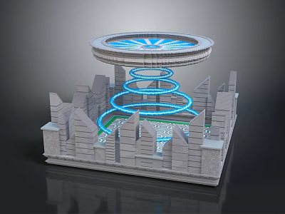 Futuristic Urban Landscape with Spiral Blue Light Circular Platform and Cityscape Base 3d model