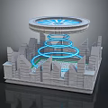Futuristic Urban Landscape with Spiral Blue Light Circular Platform and Cityscape Base