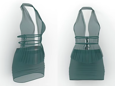 Green Halter Neck Dress with Sheer Mesh Tie Waist and Pleated Skirt Design 3d model