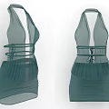 Green Halter Neck Dress with Sheer Mesh Tie Waist and Pleated Skirt Design