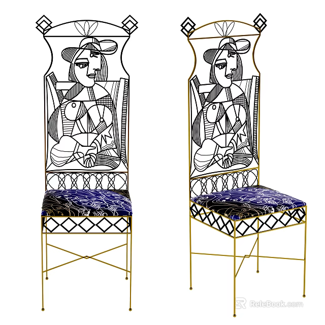 Artistic Dining Chairs With Abstract Patterned Backrests Blue Velvet Seats And Gold Metal Legs 3d model 