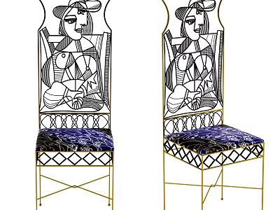 Artistic Dining Chairs With Abstract Patterned Backrests Blue Velvet Seats And Gold Metal Legs 3d model