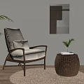 Beige Leisure Chair with Wooden Frame Rattan Side Table and Decorative Wall Art