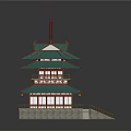 Ancient Chinese Tower With Green Tiled Roof Multiple Tiers Red Decorations And Stone Stairs