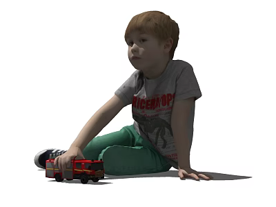 Man Sitting On Floor With Red Toy Truck In Gray T-shirt And Green Pants 3d model