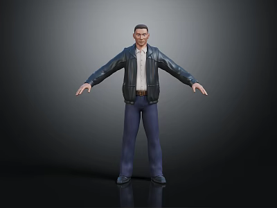 Man In Black Leather Jacket White Shirt Blue Pants With Arms Outstretched On Dark Floor 3d model