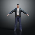 Man In Black Leather Jacket White Shirt Blue Pants With Arms Outstretched On Dark Floor