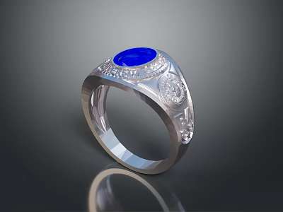 Fashionable Silver Ring With Round Blue Gemstone And Decorative Diamond Patterns For Daily Wear 3d model