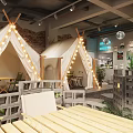 Vintage Style Family Friendly Restaurant Interior With String Lights Green Bus And Plants