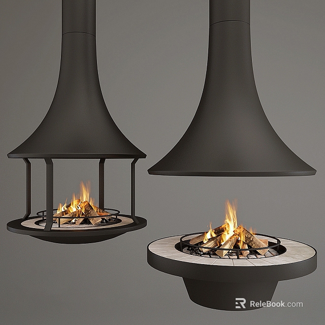 Modern Fireplace Design With Black Metal Structure Burning Flames And Dual Styles 3d model 