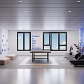 Modern Leisure Area With Blue Walls Lockers Ping Pong Table Windows And Fitness Equipment