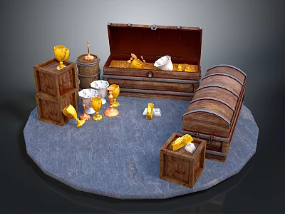 Treasure Chest Scene With Wooden Barrel Crates Goblets And Gold Coins 3d model