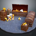 Treasure Chest Scene With Wooden Barrel Crates Goblets And Gold Coins