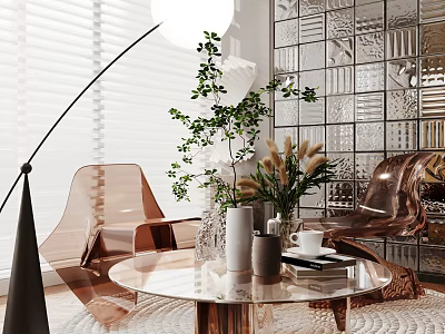 Elegant Sofa Coffee Table Set With Transparent Round Glass Top Green Plants And White Blinds 3d model