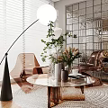 Elegant Sofa Coffee Table Set With Transparent Round Glass Top Green Plants And White Blinds
