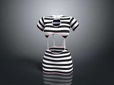 Stylish Black And White Striped Short Sleeves Dress With Cut Out Waist Design 3d model