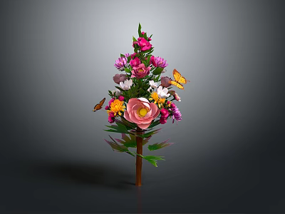 Decorative Floral Arrangement with Colorful Flowers Green Leaves and Butterflies 3d model