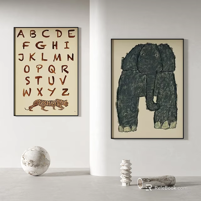 Abstract Paintings With Alphabet Letters Leopard And Elephant On Interior Wall 3d model
