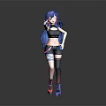 Anime Inspired Game Character With Blue Long Hair Black Crop Top Strappy Shorts And Sneakers