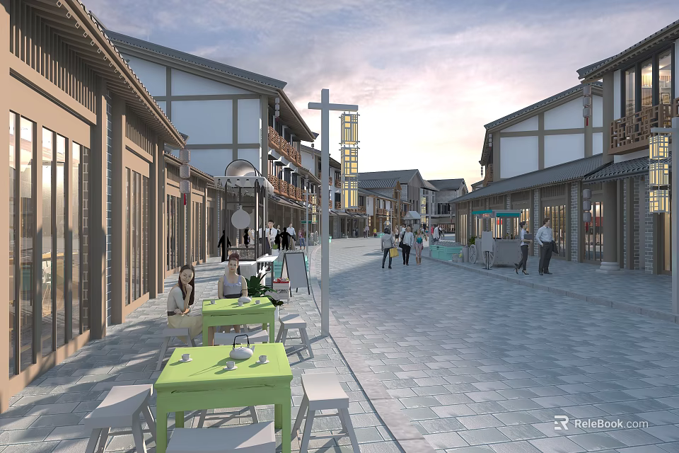 Vibrant Commercial Street With Traditional Architecture People Walking Outdoor Dining Seats And Shops 3d model 