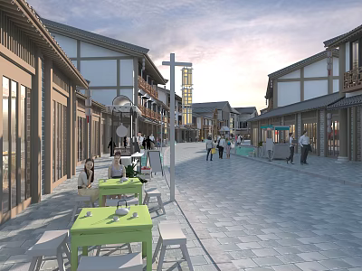 Vibrant Commercial Street With Traditional Architecture People Walking Outdoor Dining Seats And Shops 3d model