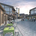 Vibrant Commercial Street With Traditional Architecture People Walking Outdoor Dining Seats And Shops