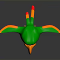 Cartoon Character Green Parrot With Orange Beak And Colorful Wings Standing On Dark Surface