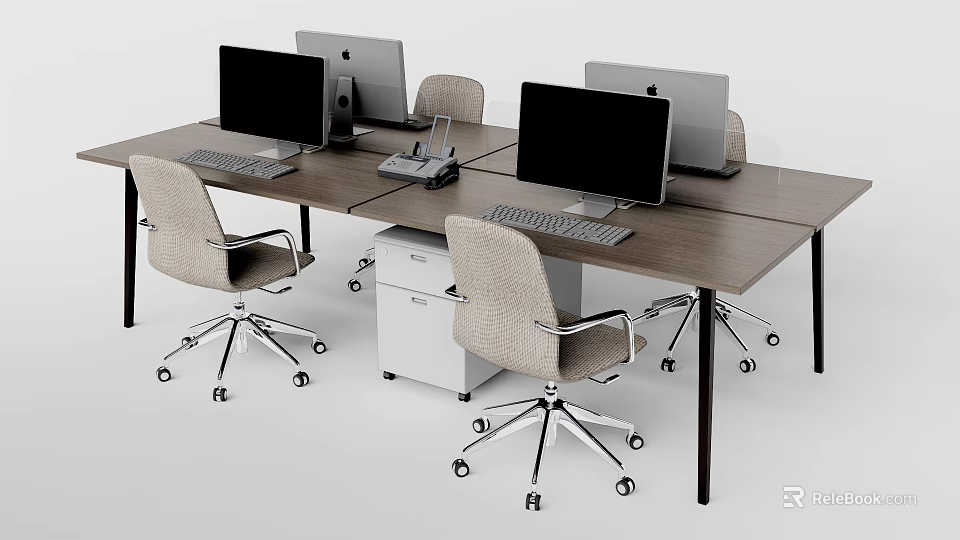 Modern Office Desk Workstation With Computers Monitors And Ergonomic Chairs 3d model