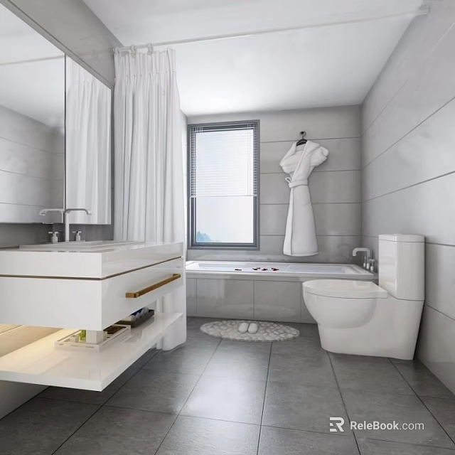 Modern Bathroom Interior With White Vanity Bathtub Toilet Robe Window And Gray Tiles 3d model 