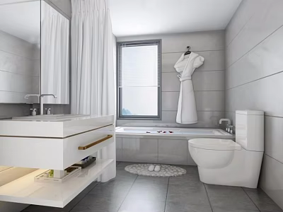 Modern Bathroom Interior With White Vanity Bathtub Toilet Robe Window And Gray Tiles 3d model