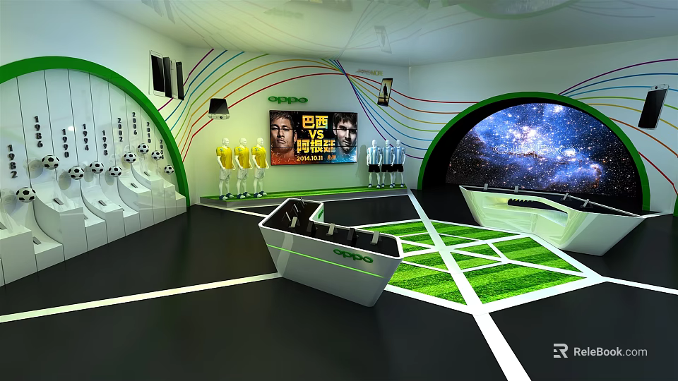 OPPO Brazil World Cup Themed Exhibition Hall With Green Floor And Display Stands 3d model 