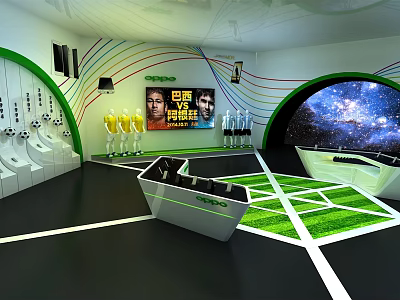 OPPO Brazil World Cup Themed Exhibition Hall With Green Floor And Display Stands 3d model