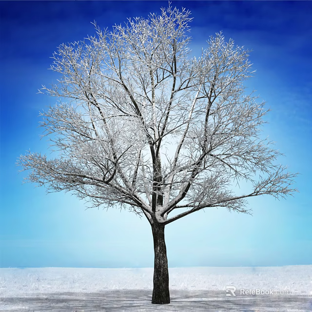 Snow Covered Tall Tree Standing In Snowy Landscape With Clear Blue Sky 3d model 