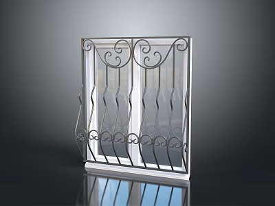 Wrought Iron Decorative Window Grille With Scrollwork And White Frame For Home Decor 3d model