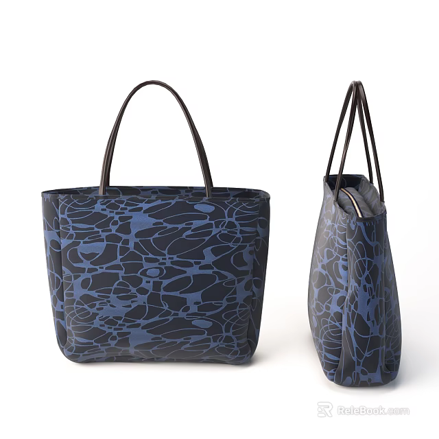 Stylish Tote Bag With Dark Background Blue Abstract Pattern And Brown Handles 3d model 