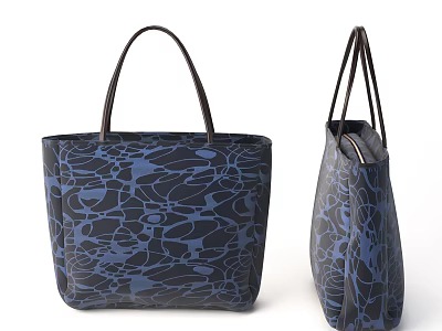 Stylish Tote Bag With Dark Background Blue Abstract Pattern And Brown Handles 3d model