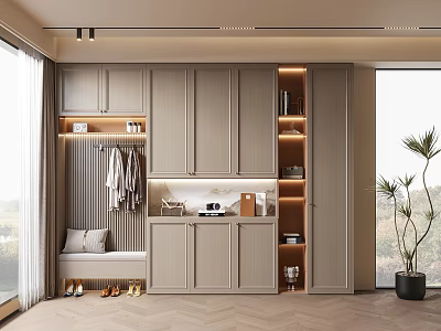 Modern Entryway Shoe Cabinet With Clothing Rack Bench Storage Cabinets And Warm Lighting Design 3d model