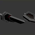 Two Black And Silver Textured Daggers With Sharp Blades And Blue Red Accent Handles