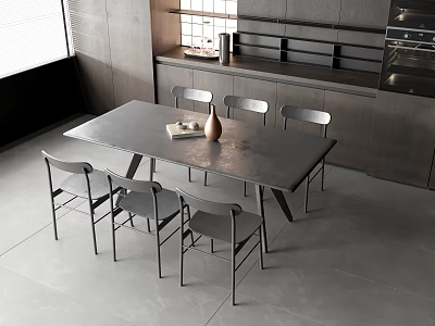 Modern Kitchen Dining Area With Rectangular Gray Table And Six Chairs Set 3d model