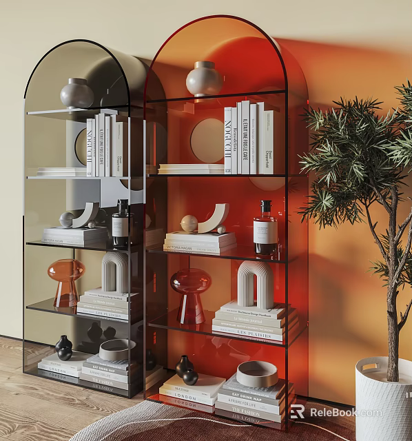 Sleek Glass Shelf Unit In Red Black With Books Decorative Vases Sculptures And Plant 3d model 