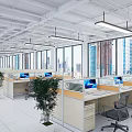 Modern Public Office Space With Cubicle Workstations Computers And City View 3d model