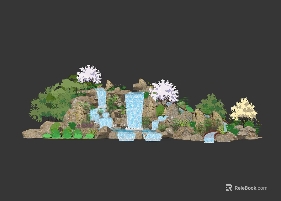 Garden Feature With Waterfall Rocks Flowering Trees And Lush Green Plants 3d model 